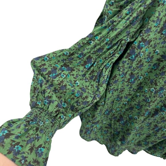 Free People Green/Blue Floral Print Blouse Womens Size M 100% Cotton With Smocke - Picture 7 of 10